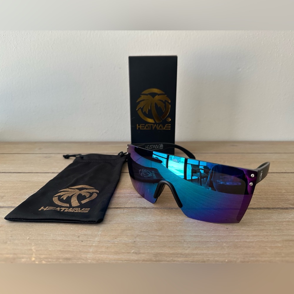 Heatwave Rimless Sunglasses Brand New Black Frame Blue/Purple Lens UV400